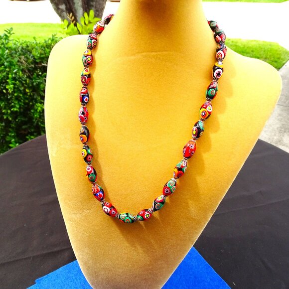 Vintage Venetian Glass Murano Colorful Millefiori Bead Hand Knotted Necklace - Picture 2 of 9